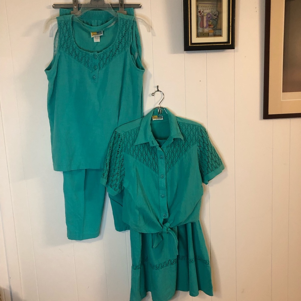 Sea Suns Vintage 4 Piece Teal Green Outfit 2 Tops, Pants & Skirt Small